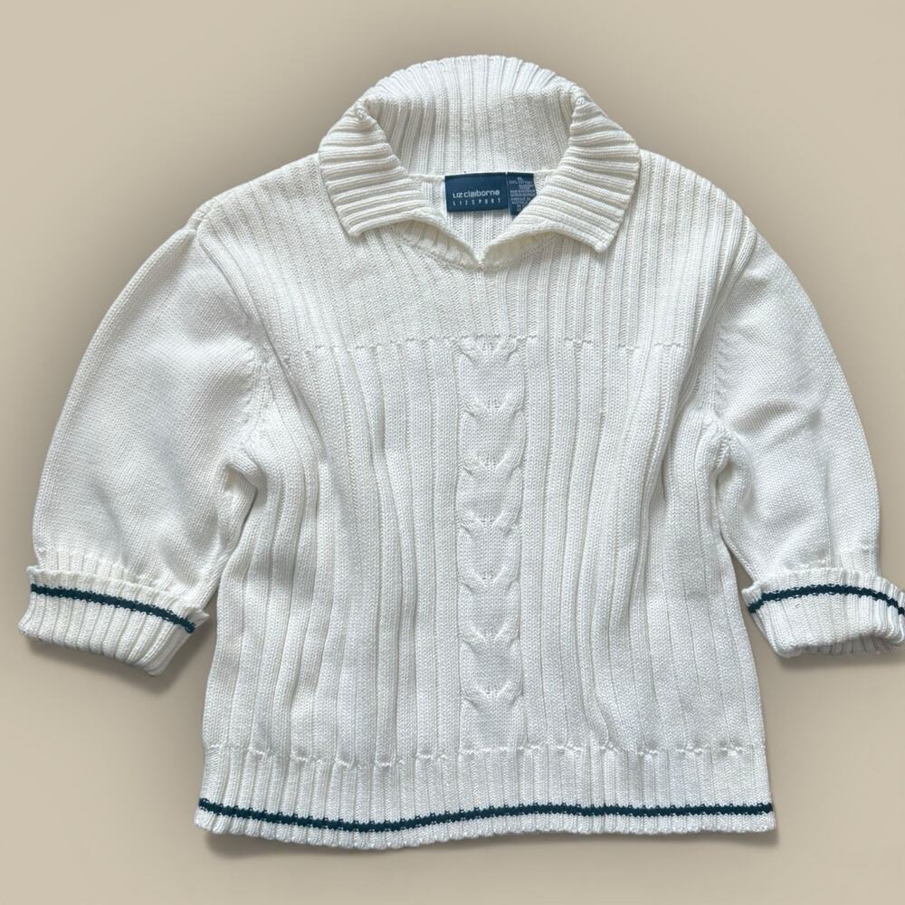 Liz Claiborne White Short Sleeve Collar 100% Cotton Knit Size XL Preppy Sweater